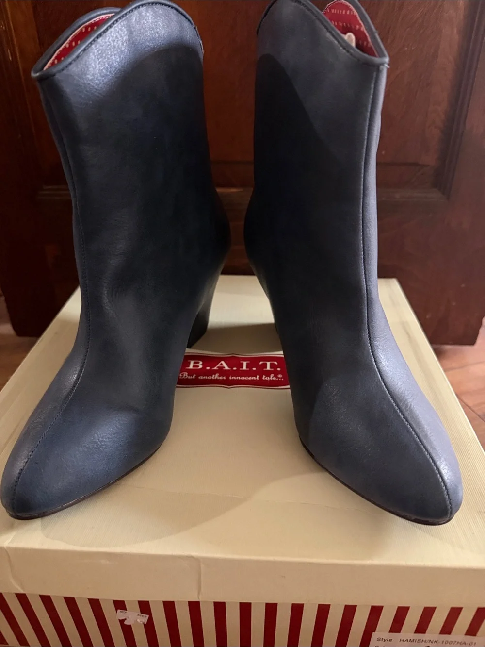 Navy Leather Ankle Booties with Scallop Stitch Accent